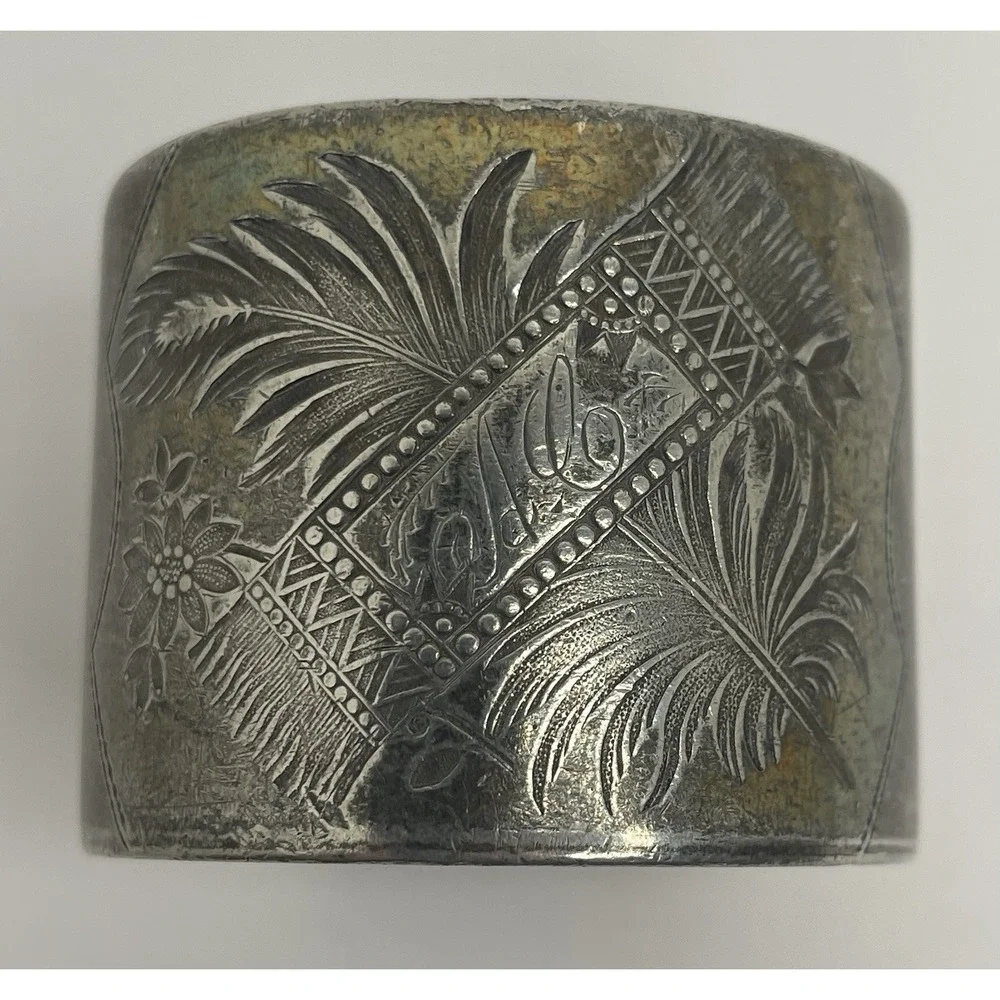 Antique Etched Napkin Ring Silver Plated Ball Feet Monogram Feather Leaf Motif